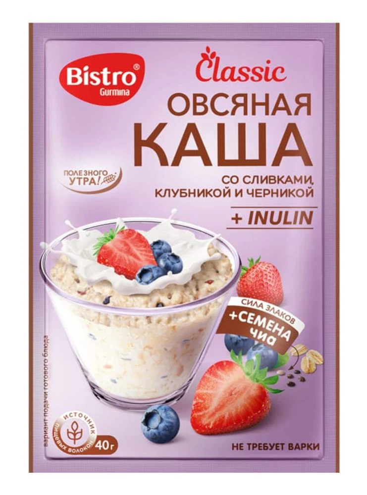 Каша овсяная со сливками, клубникой и черникой 40г. Bistro Gurmina