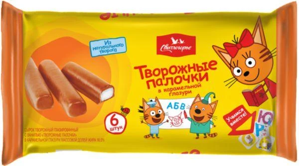 Сыроки творожные глазированный с ванилью в карамельной глазури (Три Кота) д.ж 16%,6 шт, Свитлогорье