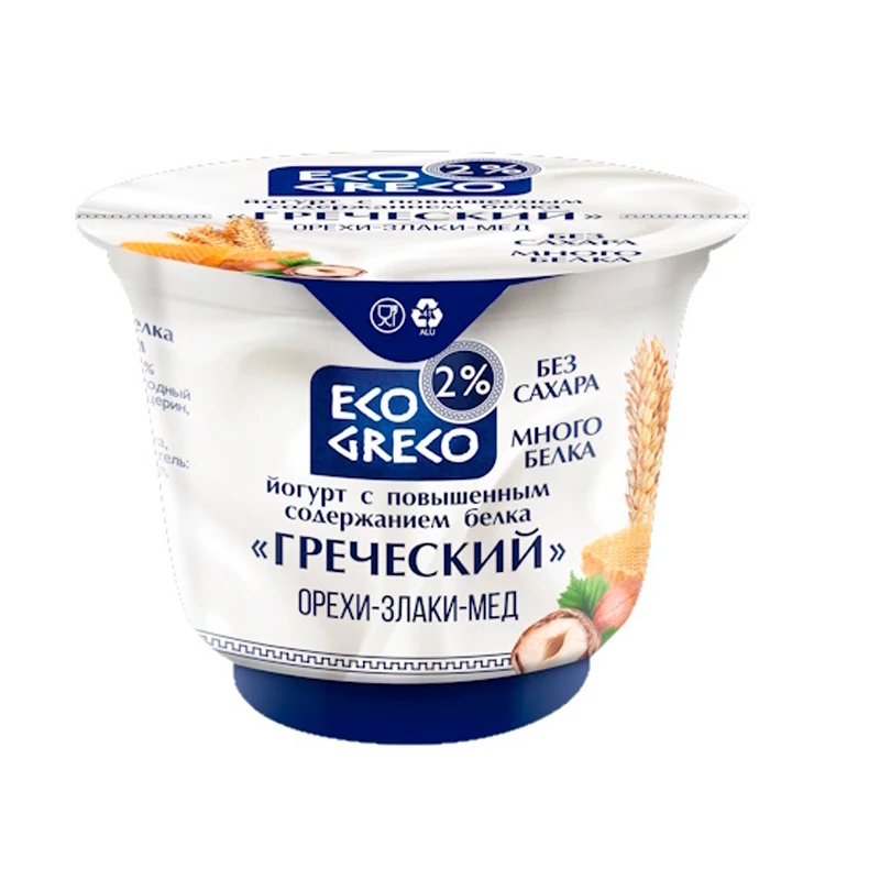 Йогурт Eco Greco Греческий орех-злаки со вкусом мёда 2% 230 г Бабушкина Крынка